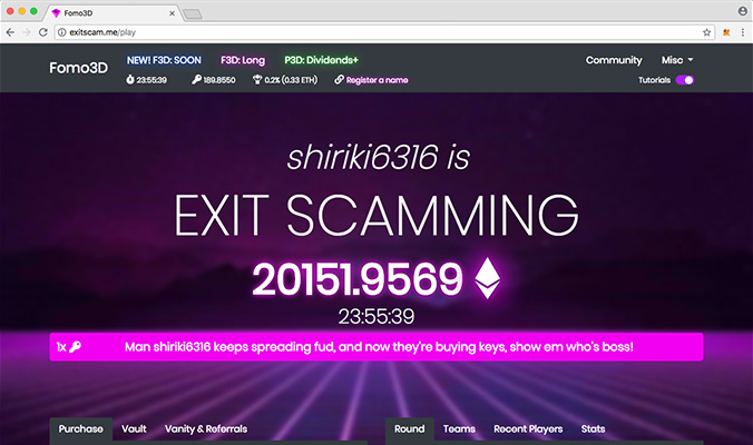 以太坊資金盤 Fomo3D ExitScam Metamask f3d